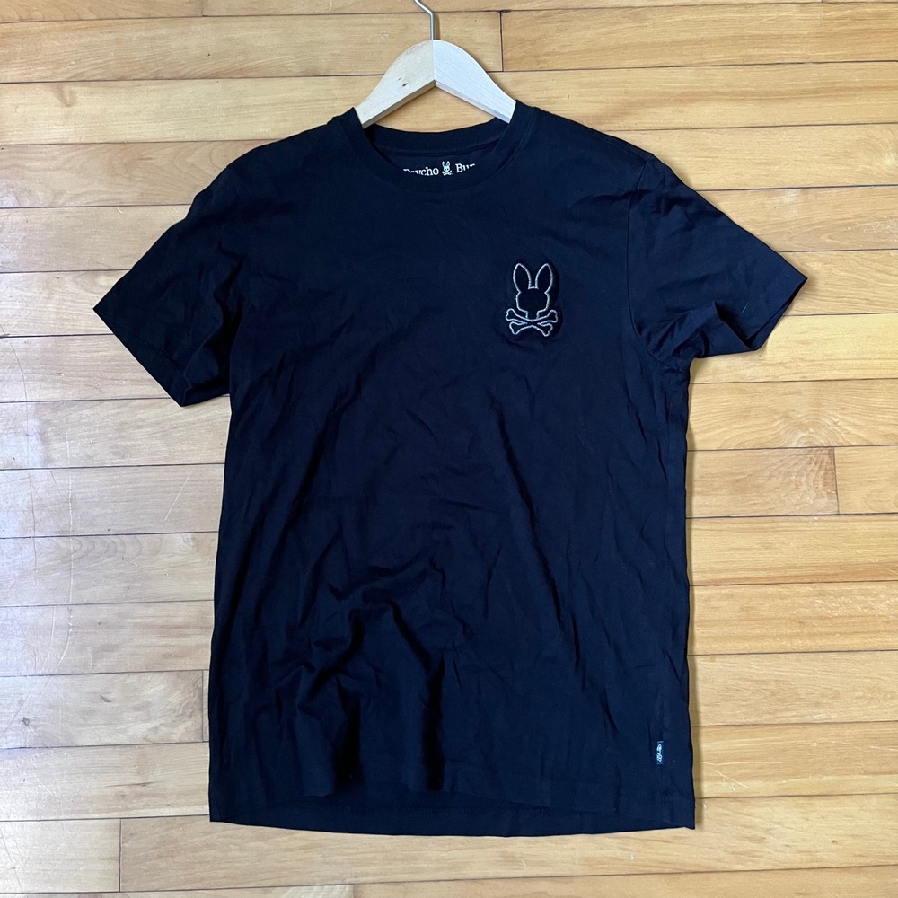 Psycho Bunny Mens Black Pima Cotton Chenille Patch Logo Graphic T-Shirt Size 3 S